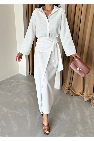 Laluvia Ecru Linen Shirt and Long Skirt Set