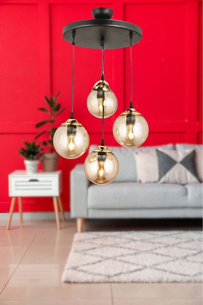 SONSUZ AYDINLATMA&AVİZE Black Pendant Tray - 4-Piece Honey Globe Ball, Glass Flat Downward Facing Luxury Chandelier