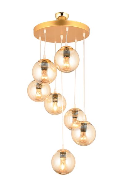 Kraliçe Gold Pendant Lamp Tray - 7-Piece Honey Globe Glass, Straight Downward Facing Luxury Chandelier