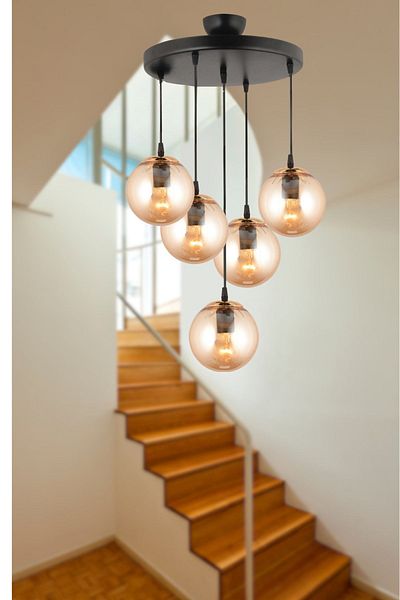 SONSUZ AYDINLATMA&AVİZE Black Infinite Pendant Tray - 5-Piece Globe Ball Glass, Downward Facing Luxury Chandelier