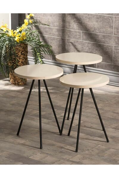GOLDFALEZ Zigon Sehpa 3 Lü  Krem Metal Ayak