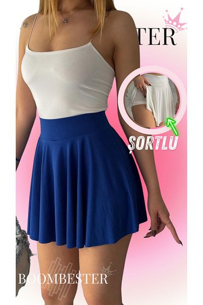 BoomBester Fusta de dama plisata albastra - Tesatura nisipoasa, pantaloni scurti cu talie elastica