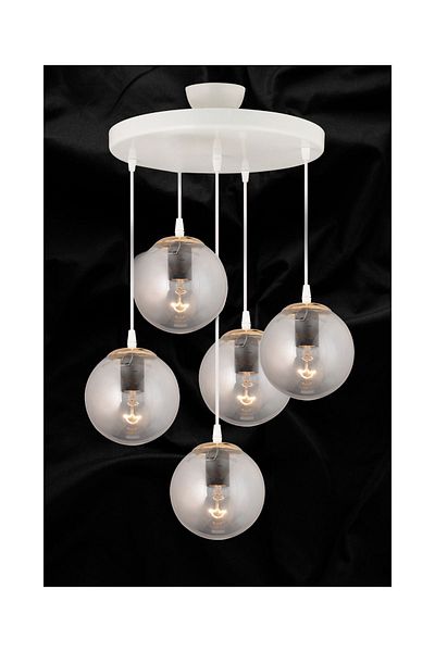 SONSUZ AYDINLATMA&AVİZE 5-Piece White Smoked Glop Ball Glass Flat Downward Facing Luxury Chandelier - Endless Pendant Tray