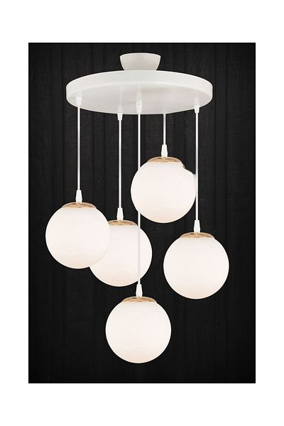 SONSUZ AYDINLATMA&AVİZE 5-Piece White Globe Ball Glass Endless Pendant Tray - Flat Downward Facing Luxury Chandelier
