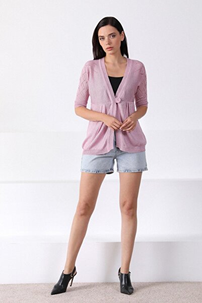 Ferraro Women's Pink V-Neck Waist-Tied Knitwear Cardigan