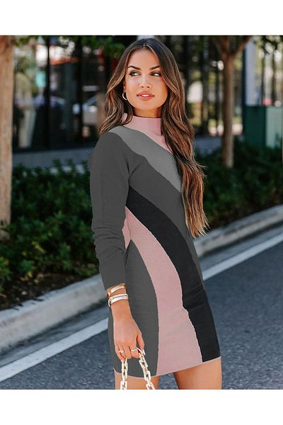 AQE FASHION Rochie de tricotaj tricotată mini antracit cu model curcubeu.