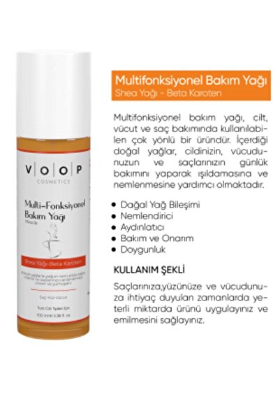 VOOP Nemlendirici Ve Işıltı Verici Bakım Yağı Shea Yağı Ve Beta Karoten 100 Ml
