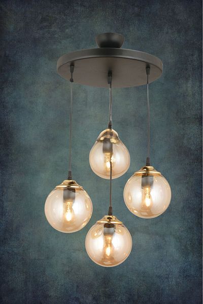 SONSUZ AYDINLATMA&AVİZE Black Pendant Tray - 4-Piece Honey Globe Ball, Glass Flat Downward Facing Luxury Chandelier