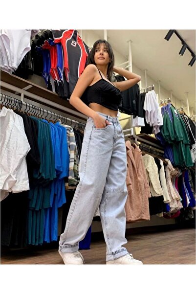 Shield Life Karyıkama Baggy Açık Mavi Yüksek Bel Geniş Paça Beli Tokalı Bel Kadın Kot Pantolon Jean Cool Fashion