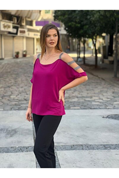 NUR TEKSTİL KADIN  FUŞYA VİSKON PAMUKLU PENYE ŞERİT ASKILI DÜŞÜK OMUZ  TAŞ DE...