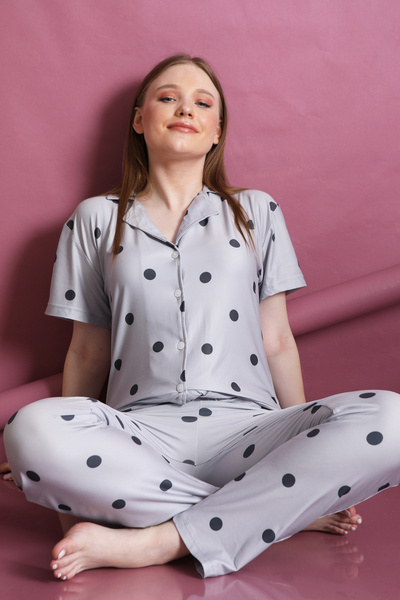FAMES PİJAMA Lycra Patterned Women's Pajama Set - Buttoned