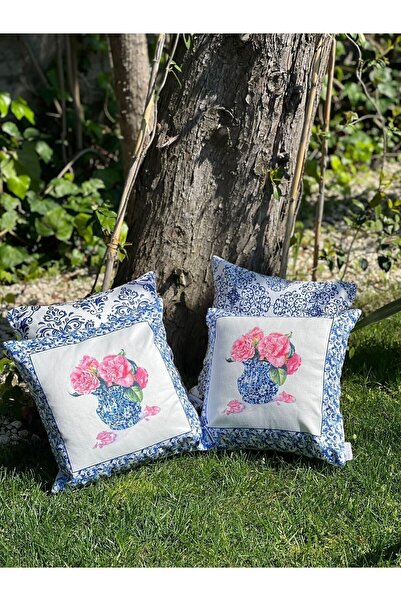 lamoonhome مزهرية بلو بلانك بنمط وسادة رمي - غطاء وسادة 4 قطع - 10576