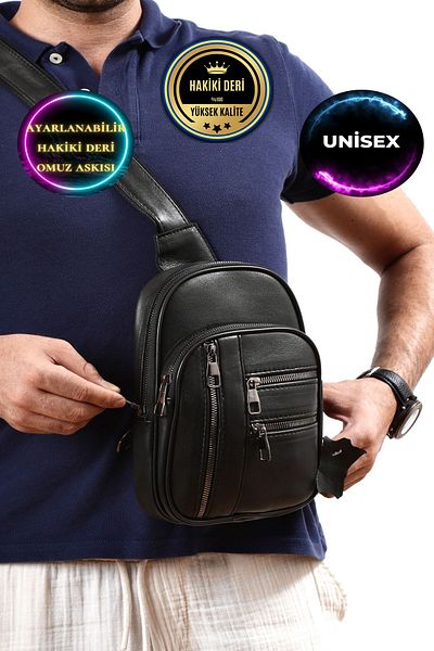 CüzCan Unisex Μαύρη τσάντα Badybag από γνήσιο δέρμα με εξαιρετικά χρήσιμο φερμουάρ