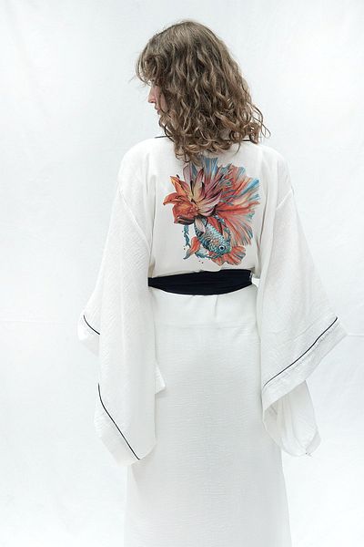 Mita Concept Kimono cu mânecă pătrată din in brut de culoare albă