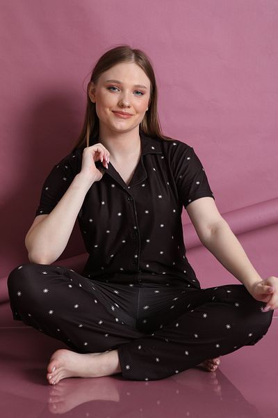 FAMES PİJAMA Set de pijamale de damă cu model Lycra - cu nasturi