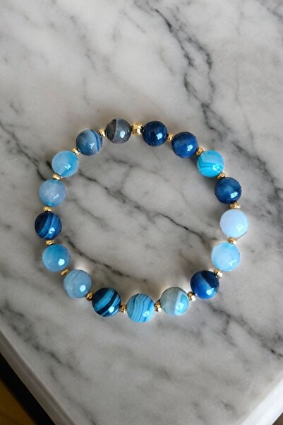 MGA DOĞAL TAŞ Mavi Faset Elmas Kesim Akik Taşı 10 mm Büyük Akik Taşı Bileklik Dorika Bileklik Erkek Kadın Bileklik