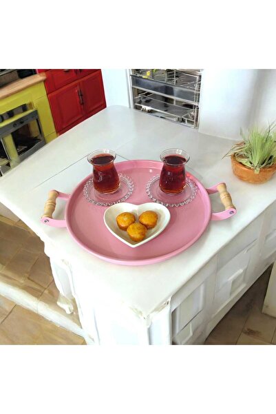 Genel Markalar Tepsi Ahşap Kulplu Metal Çay Tepsisi Kahve Tepsisi Sunum Kahva...