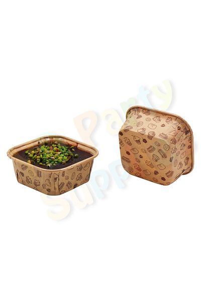Yusuf Dirik YD Party Supplies Kraft Patterned Square Muffin, Cake, Dessert and Ashura Bowl 20 Pieces 8.5x8.5 cm