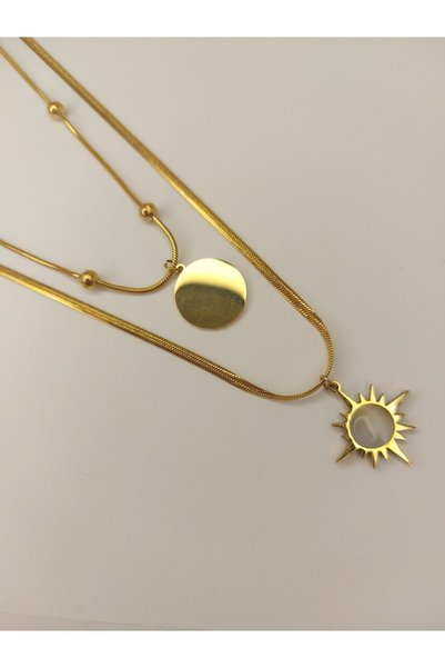 Romea Dorica Double Chain Sun Detailed Necklace Gold Color