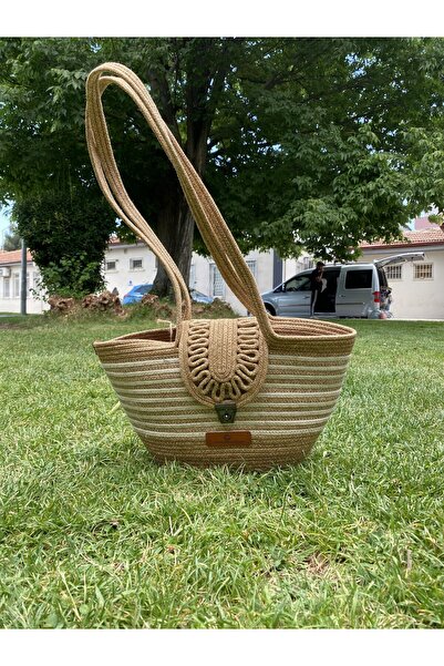 ModaCardin Geantă de plajă și de umăr - Geantă de mână cu aspect de paie de iută