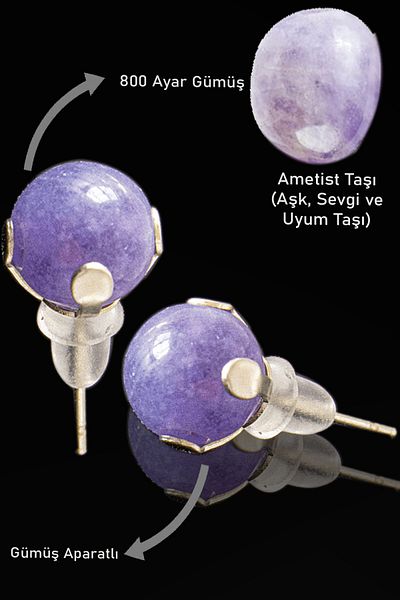 Tesbih Atölyesi Real Amethyst Stone Spot - Certified Natural Stone Earrings