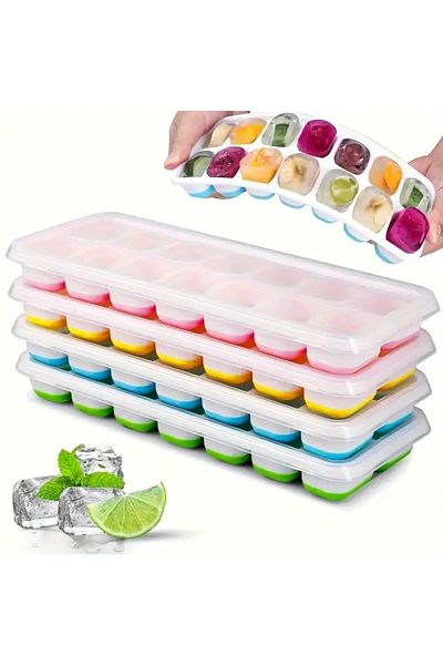 CARNIVAL LAND 2 Pieces 14 Cube Flexible Silicone Ice Maker with Lids - Easy Decal, BPA Free