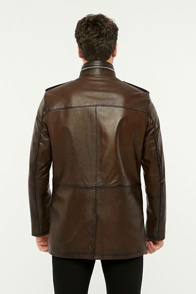 NYC GİYİM TEKSTİL Genuine leather long coat hakim stand collar coffee color