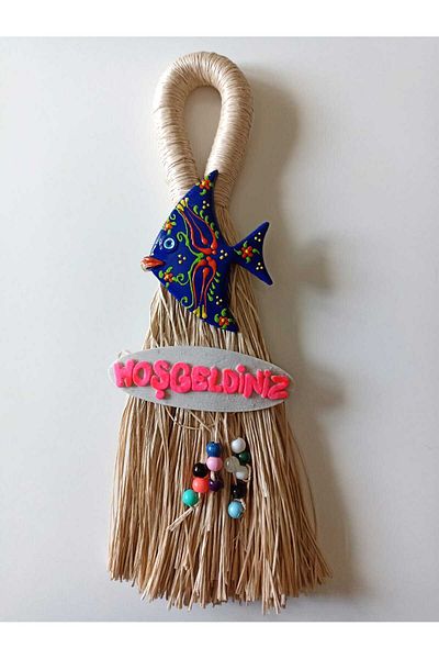 AKIN AKSESUAR HEDİYELİK Ψάθινη Raffia - Fish Welcome Σκούπα Μοντέλο Βεράντα, Κήπος, Μπαλκόνι και Καλοκαιρινή Διακόσμηση Τοίχου Πόρτας