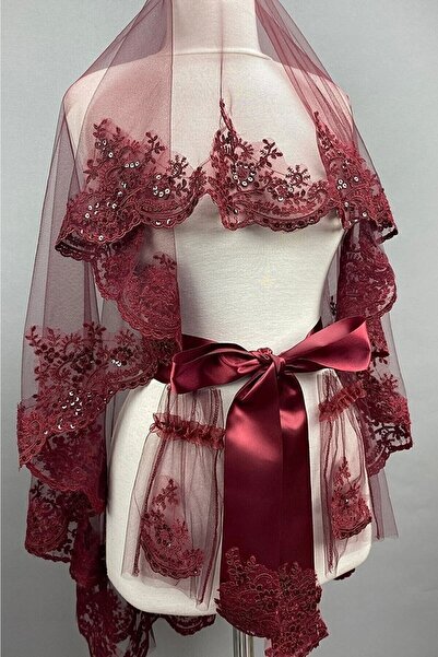 gençay Bordo Lüx Güpürlü Kına Örtüsü Takımı Duvak