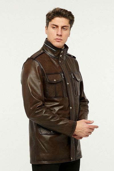 NYC GİYİM TEKSTİL Genuine leather long coat hakim stand collar coffee color