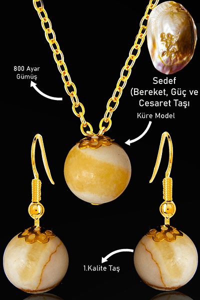 Tesbih Atölyesi Gold Globe Model Pearl Stone Necklace and Earring Set - Silver Apparatus, Certified