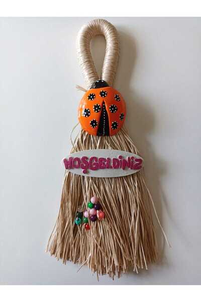 AKIN AKSESUAR HEDİYELİK Welcome Broom - Ladybug Wicker Raffia Balcony and Terrace Decoration Door Ornament