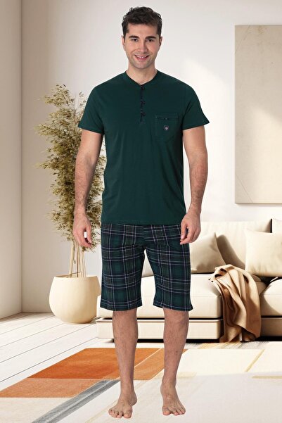 Lohussa Plus Size Men's Green Pajamas Set - 100% Cotton, Buttoned and Shorts