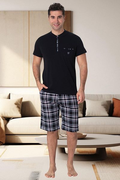 CT MODA Plus Size Navy Blue καρό 100% βαμβακερό ανδρικό καλοκαιρινό σετ πιτζάμες - Σετ με σορτς