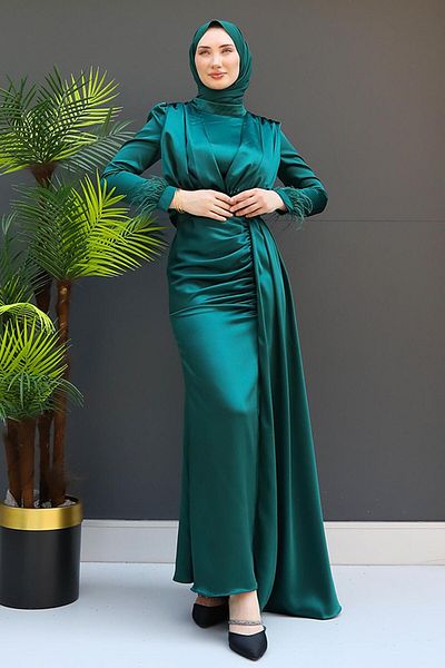 GİZ AGİYİM Σμαραγδένιο Φόρεμα Hijab - Γούνινο Σατέν