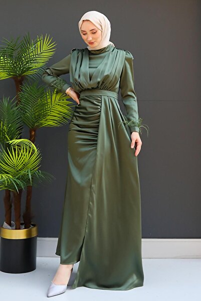 GİZ AGİYİM Χακί Σατέν Τεσσέτροφο Φόρεμα - Με Φτερά