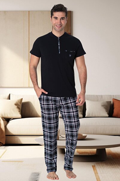CT MODA Large Size Navy Blue Plaid 100% Cotton Men's Summer Pajama Set - Shorts Set