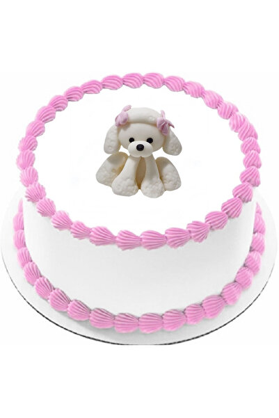 Pasta9 Şeker Hamurundan Pasta Tamamlayıcı Süs Pembe Fiyonklu Köpek Modelli Figür