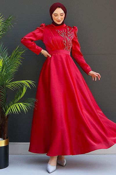 GİZ AGİYİM Burgundy Didem Hijab Evening Dress