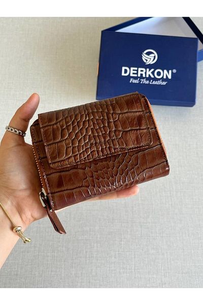 DERKON nova Tan Genuine Leather Crocodile Patterned Women's Wallet
