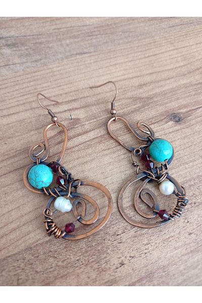 Lal Pearl and Turquoise Turquoise Jewelled Copper Earrings - Real Handmade
