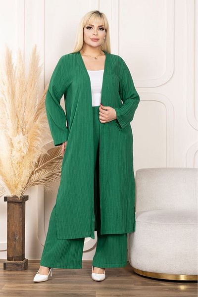sinemisxxl crinkle fabric green pants jacket set