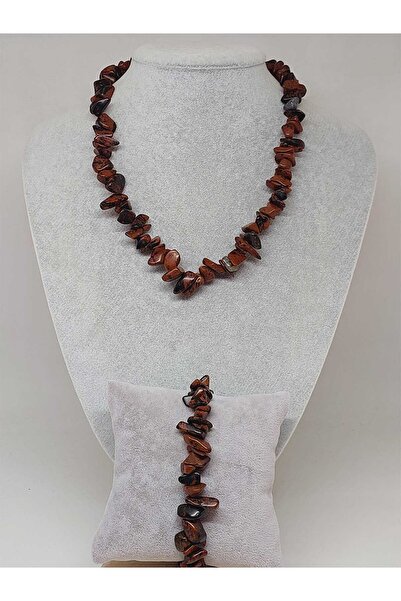 Yasamtohumu Набір великих намиста та браслета з обсидіановим каменем - коричн...