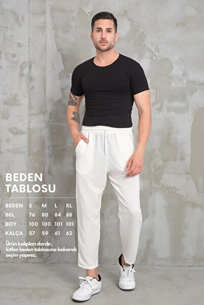 LECH STORE بنطلون رجالي من الكتان الطبيعي باللون الأبيض - خصر مربوط وتفاصيل جيب