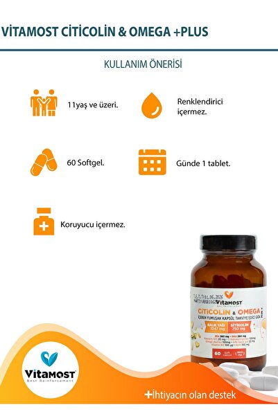 Vitamost CİTİCOLİN & OMEGA PLUS 60 SOFT JEL KAPSÜL 1800 MG