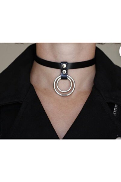 Nishstyle Ikili Halka Sallantılı Siyah Suni Deri Choker Kolye