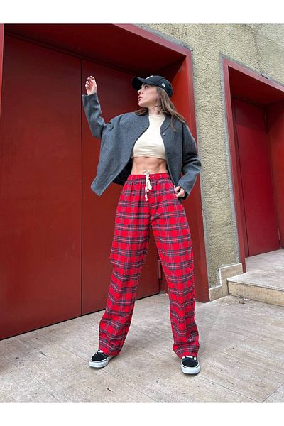 DENİKK Trend Unisex καρό μοτίβο λαστιχένιο παντελόνι με φαρδύ πόδι