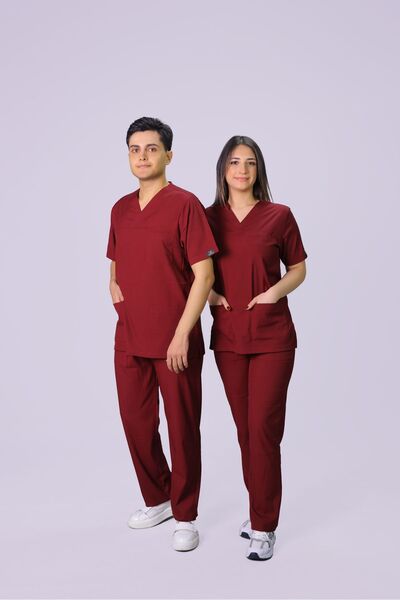 HGM Collection Unisex Bordo Klasik Paça Likralı Doktor Hemşire Forması Medika...