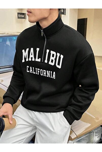 NoVibe سويت شيرت أسود كبير الحجم مطبوع للجنسين من ماليبو كاليفورنيا - نصف سحاب