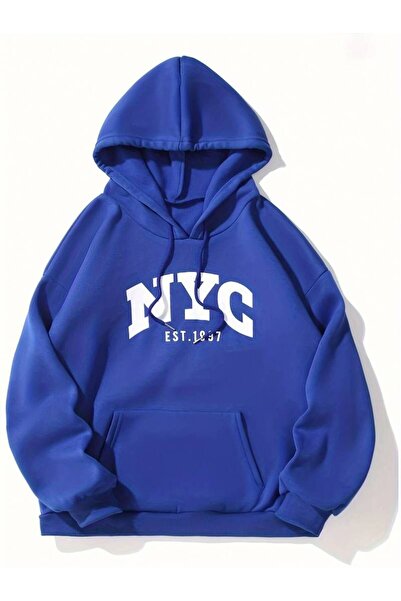 NoVibe سويت شيرت بقلنسوة أزرق كبير الحجم مطبوع عليه ساكس للجنسين من مدينة نيويورك